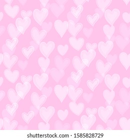 Romantic seamless pattern with cute images of hearts with hand drawn texture. Delicate shades of colors for children's things. Pattern design for valentines day. Stock vector illustration.
