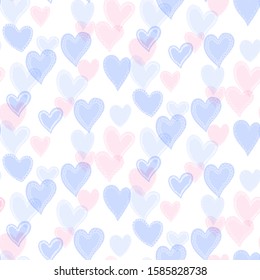 Romantic seamless pattern with cute images of hearts with hand drawn texture. Delicate shades of colors for children's things. Pattern design for valentines day. Stock vector illustration.