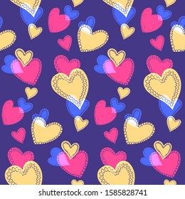 Romantic seamless pattern with cute images of hearts with hand drawn texture. Delicate shades of colors for children's things. Pattern design for valentines day. Stock vector illustration.