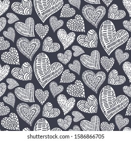 Romantic seamless pattern with cute images of hearts with hand drawn texture. The style of children's drawing. Pattern design for valentines day. Stock vector illustration.