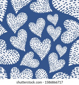 Romantic seamless pattern with cute images of hearts with hand drawn texture. The style of children's drawing. Pattern design for valentines day. Stock vector illustration.