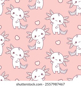 Romantic Seamless pattern cute little Axolotl with heart on pink background. Outline Funny cartoon kawaii animal. Line drawing. Vector illustration