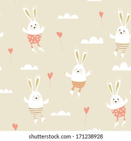Romantic seamless pattern with cute rabbits in love.  Happy hares, hearts and clouds. Valentines day card design. Vector illustration.