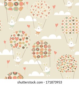 Romantic seamless pattern with cute rabbits parachutists . 