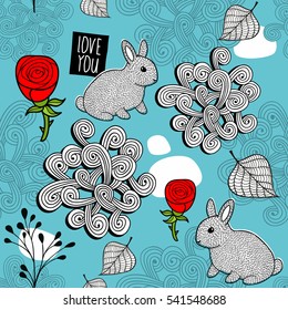 Romantic seamless pattern with cute rabbits and red roses. Vector illustration of nature.