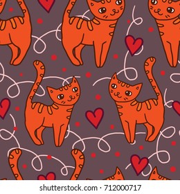 Romantic seamless pattern with cute red striped cats.