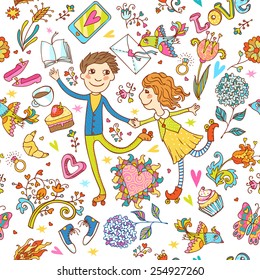 Romantic seamless pattern with cute roller skate love couple, love lettering, love birds, desserts and flowers. Can be used for cards, invitations, fabrics, wallpapers, stickers and decoration. 