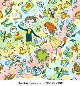 Romantic seamless pattern with cute roller skate love couple, love lettering, love birds, desserts and flowers. Can be used for cards, invitations, fabrics, wallpapers, stickers and decoration. 