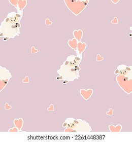 Patrón romántico sin fisuras. Cortar ovejas con globos y corazones sobre fondo morado claro. Ilustración vectorial. Fondo interminable con graciosos animales de granja de caricaturas