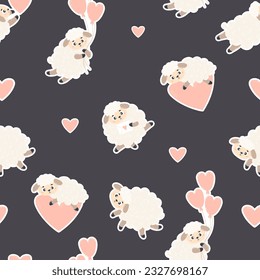 Romantic seamless pattern. Cute sheep with balloon on black background with hearts. Vector illustration. Endless background for valentines, wallpapers, packaging, print, childrens collection