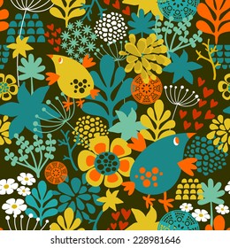 Romantic seamless pattern with cute vintage flowers and birds. Colorful vector background in retro style.