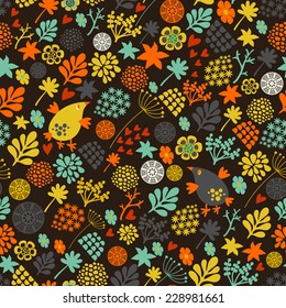 Romantic seamless pattern with cute vintage flowers and birds. Colorful vector background in retro style.