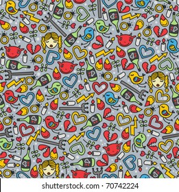 Romantic seamless pattern with devil. Vector doodle illustration.