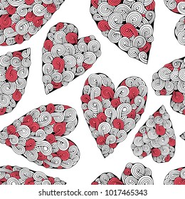 Romantic seamless pattern with doodle hearts.