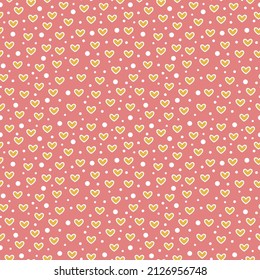Romantic seamless pattern with doodle Hearts and Dots isolated on a Pink background. Sweet Abstract print for fabric, wallpaper, postcards, wrapping paper, Valentine's Day design.