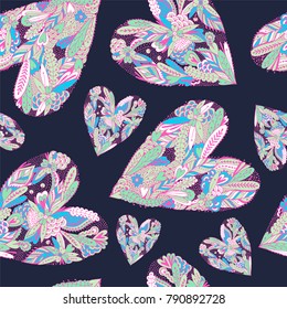 Romantic seamless pattern with doodle hearts.
