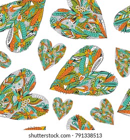Romantic seamless pattern with doodle hearts.