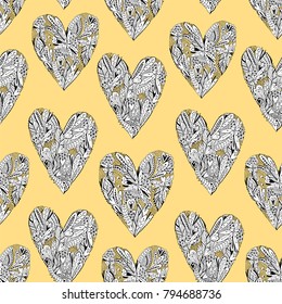 Romantic seamless pattern with doodle hearts.