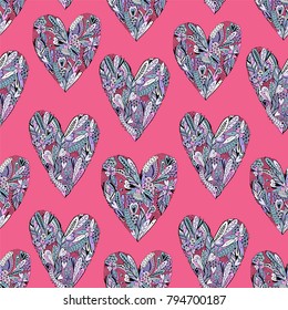 Romantic seamless pattern with doodle hearts.