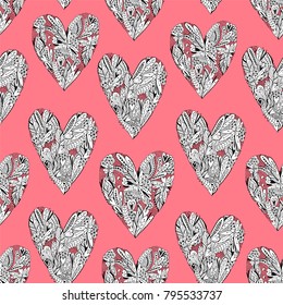 Romantic seamless pattern with doodle hearts.