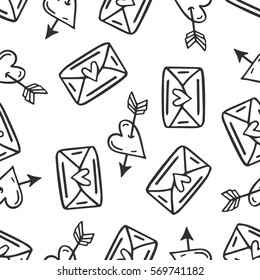 Romantic seamless pattern in doodle style. Hand drawn vector background with hearts and envelope. Valentine's day theme. Design for prints and T-shirts.