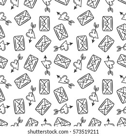 Romantic seamless pattern in doodle style. Hand drawn vector background with hearts and envelope. Valentine's day theme. Design for prints and T-shirts.