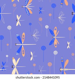 Romantic seamless pattern with dragonflies and flowers. Folk art bohemian wrapping paper or wallpaper design.