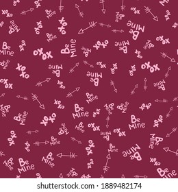 Romantic seamless pattern.  Drawn by hand, sketch, doodle. Cute vector illustration. Red seamless pattern with phrases and words about love. Can be used for wedding or Valentine's day.