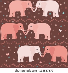 Romantic seamless pattern with elephants, flowers and hearts
