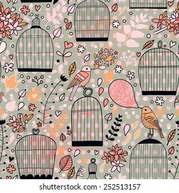 Romantic seamless pattern with empty cages and birds. Vector spring background. Wedding stylish decoration.