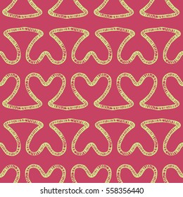 Romantic seamless pattern. Endless ornament with yellow doodle hearts on pink backdrop. Valentines day or wedding background for fabric, wrapping, packaging paper