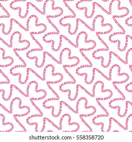 Romantic seamless pattern. Endless ornament with pink doodle hearts on white backdrop. Valentines day or wedding background for fabric, wrapping, packaging paper