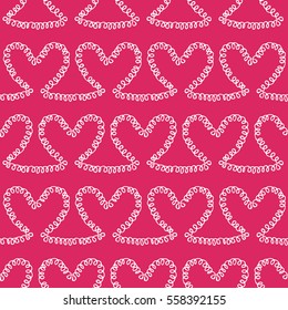 Romantic seamless pattern. Endless ornament with white doodle hearts on pink backdrop. Valentines day or wedding background for fabric, wrapping, packaging paper