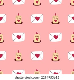 Romantic seamless pattern with envelopes. Background of love letters and burning candles. Love print for textile, digital paper, packaging and design, vector illustration