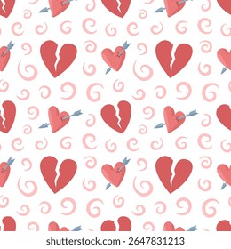 Romantic seamless pattern featuring broken red hearts pierced by arrows and swirling pink curls on a white background