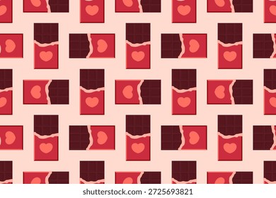 Romantisches, nahtloses Muster mit Schokoriegel mit Herzbezug in warmen Valentinstönen. Ideal für Geschenkverpackungen, Branding, Verpackungen, Stoffe und saisonale Hintergründe.
