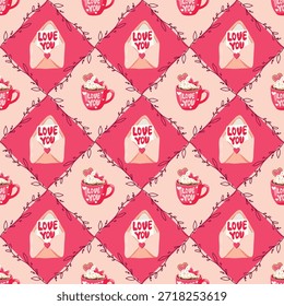 Patrón romántico sin fisuras con sobres de acuarela con cartas de amor y tazas rosas de chocolate caliente sobre un fondo de diamante geométrico.