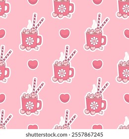 Romantic Seamless pattern. Festive cup with Hot Cocoa with Marshmallows on pink background with hearts. Vector illustration. Holiday sweet drink ornament valentine