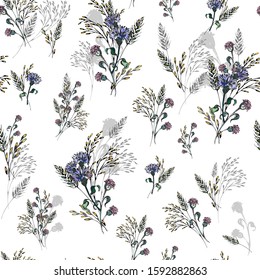 Romantic seamless pattern with field plants. Flowers and herbs are arranged randomly on a white background. Vector with small bouquets of blue cornflowers and spikelets. Hand drawing for textile