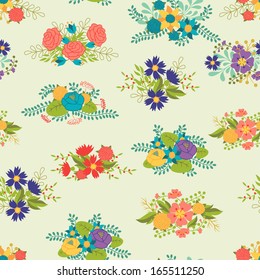 Romantic seamless pattern of floral bouquets in retro style.