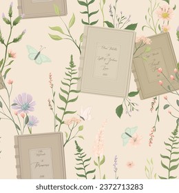 Romantic seamless pattern with flowers and books