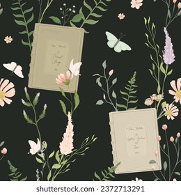 Romantic seamless pattern with flowers and books