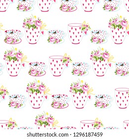 Patrón romántico sin mar con flores y tazas