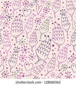 Romantic seamless pattern with flowers and hearts. Endless ornate background for prints, textile, scrapbooking, craft papers