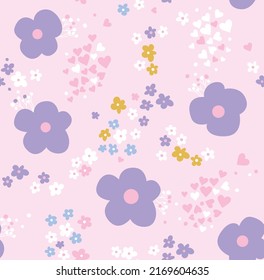 Romantic seamless pattern with flowers and hearts. Romantic print with flowers. Floral vector illustration.