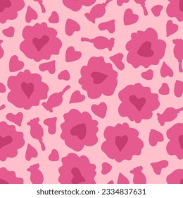 Romantic seamless pattern with flowers and hearts. Floral print for tee, paper, textile and fabric. Simple vector illustration for decor and design. 
