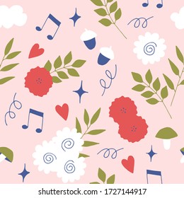 Romantic seamless pattern with flowers, plant branches, mushrooms, acorns, notes, stars, clouds and swirls on a soft pink background. Vector illustration.