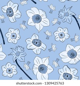 romantic seamless pattern with  flowers of spring daffodils,narcissus . Bright color background for cards, paper wrapper. Hand drawing vector illustration,vintage style, sketch.monochrome
