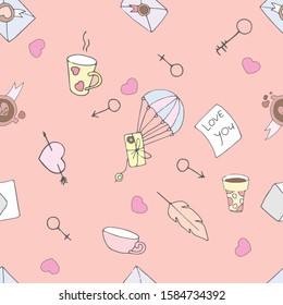 Romantic seamless pattern in the form of messages and letters of love, hearts, keys, holiday attributes and signs. Elegant design element for wrapping paper, covers, fabrics.
