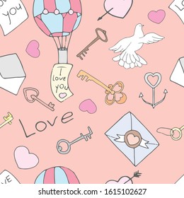 Romantic seamless pattern in the form of messages and letters of love, hearts, keys, dove, holiday attributes and signs. Elegant design element for wrapping paper, covers, fabrics.
